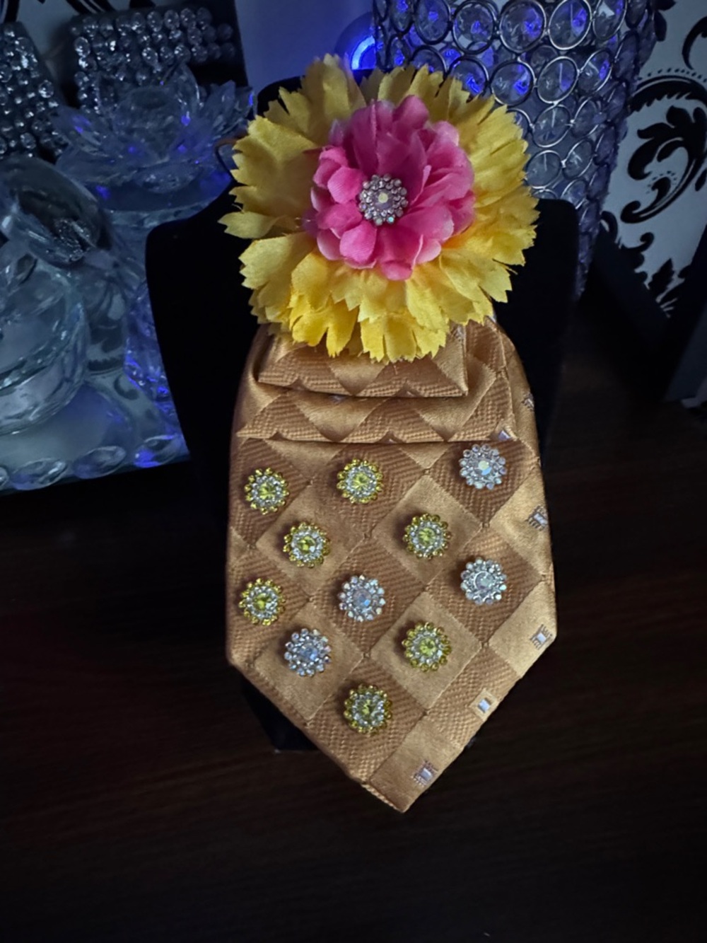 Gold Satin Floral Brooch Tie with Pink & Yellow Flower